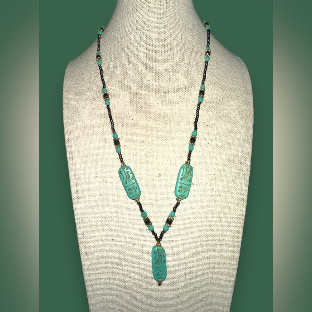 Aqua, Gold, Hematite Czech beaded Egyptian Cartouche Hieroglyphics Necklace 20”